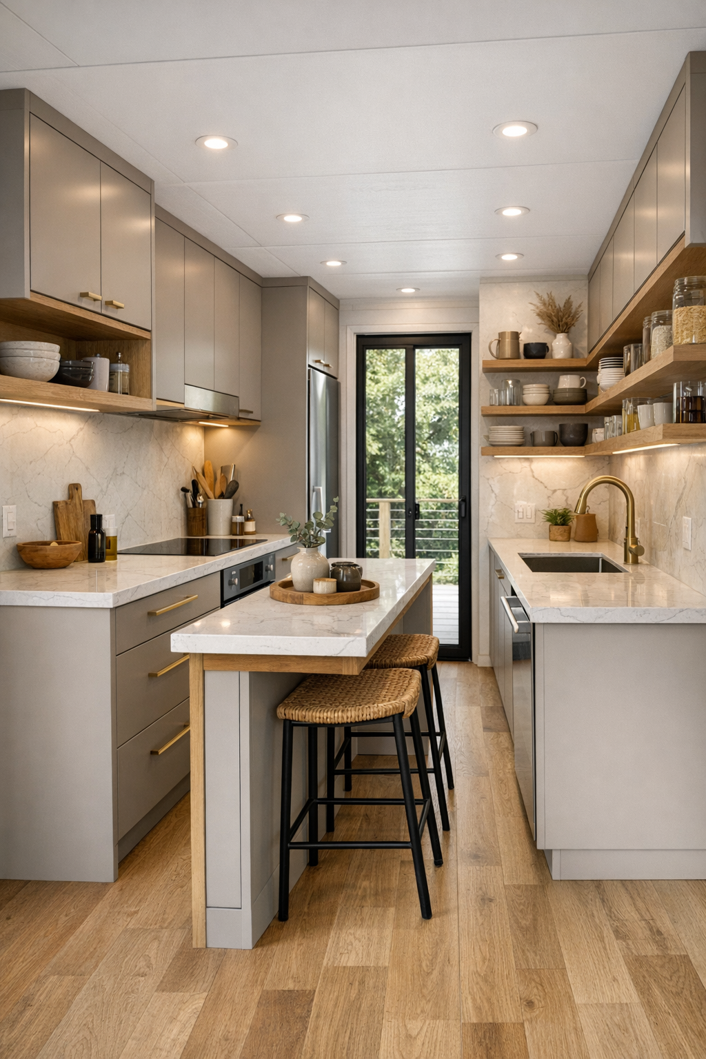 Streamlined kitchen with light cabinetry, quartz surfaces, and warm brass details