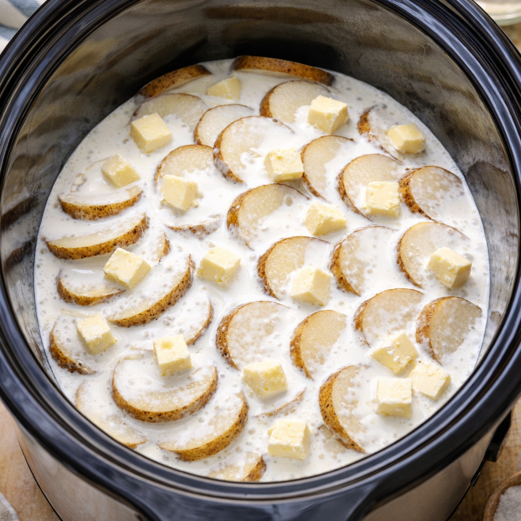 Layered potatoes in a slow cooker before cooking