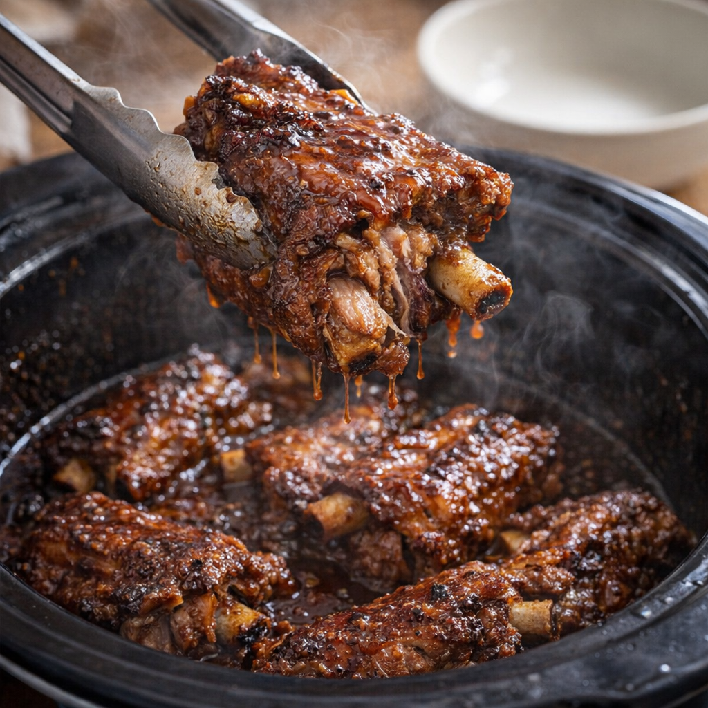 Tender cooked ribs being lifted from the slow cooker