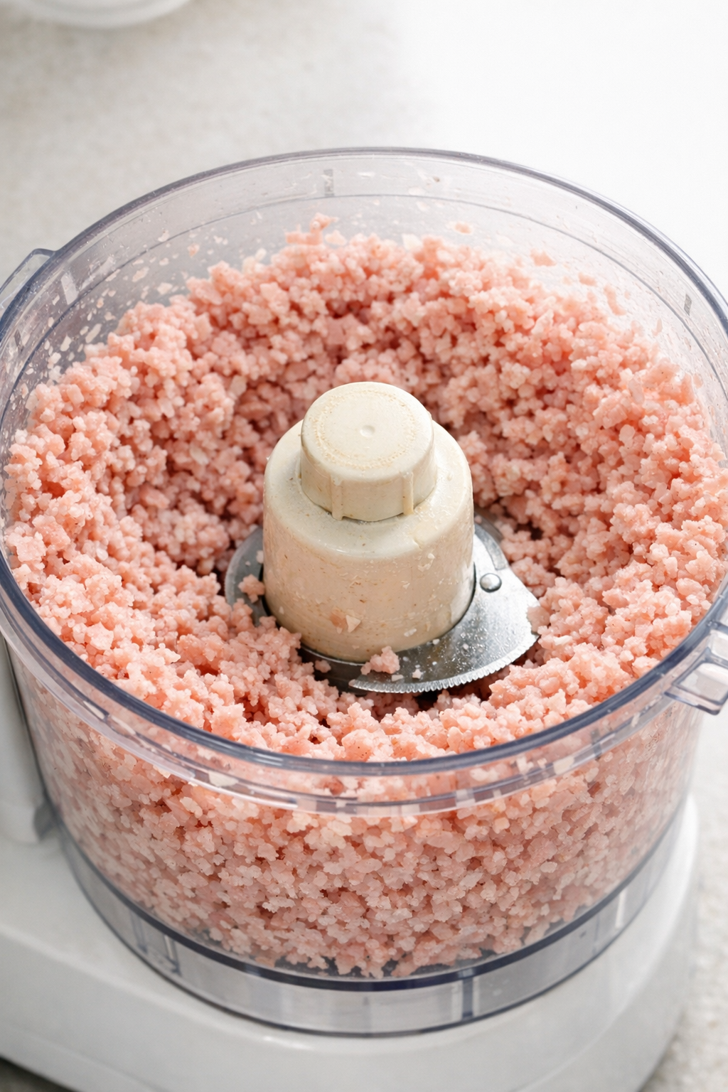 Finely minced bologna in a food processor