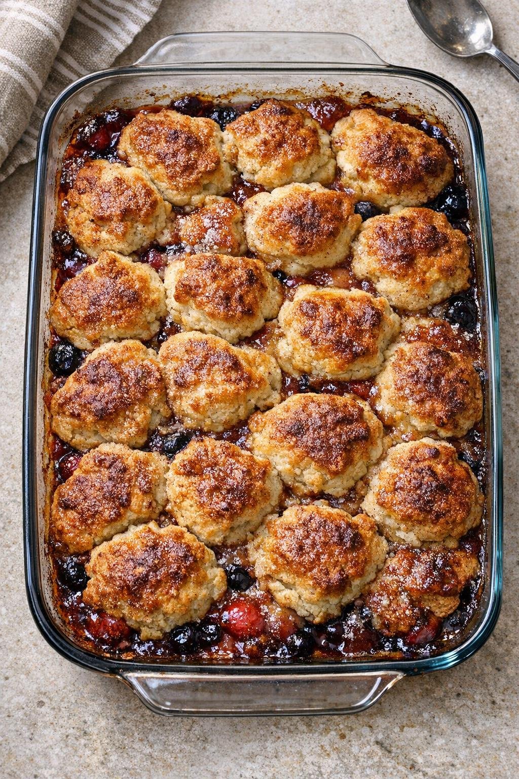 Finished biscuit cobbler in a glass baking dish