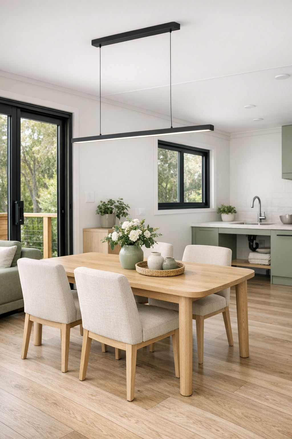 Open dining area with light oak table, upholstered chairs, and soft modern lighting