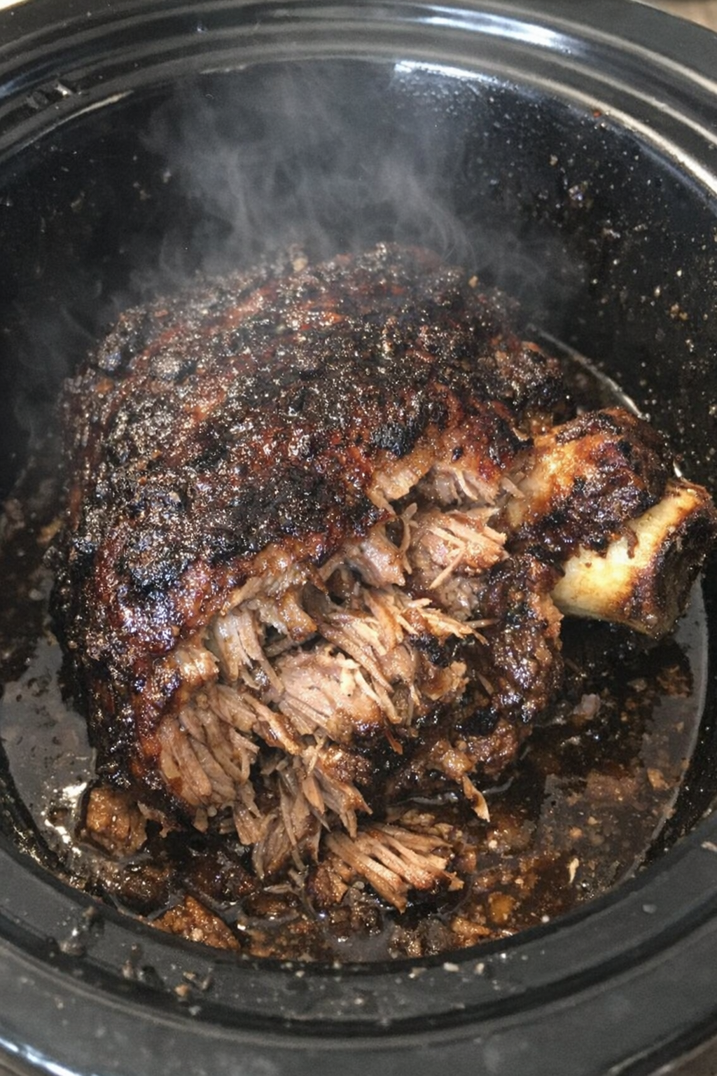 Slow cooker pork roast with a dark caramelized exterior