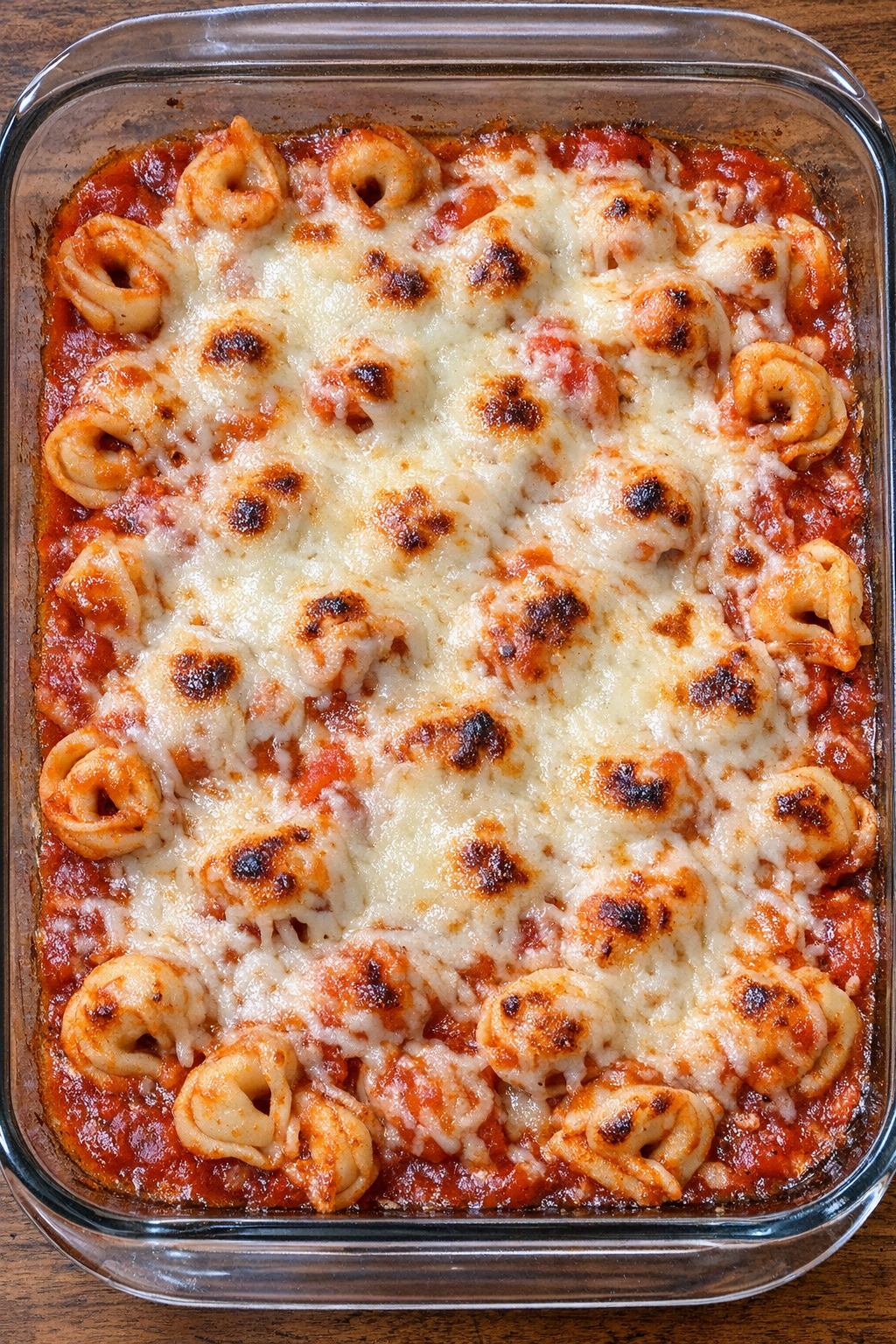 Bubbly tortellini bake with red sauce and melted cheese