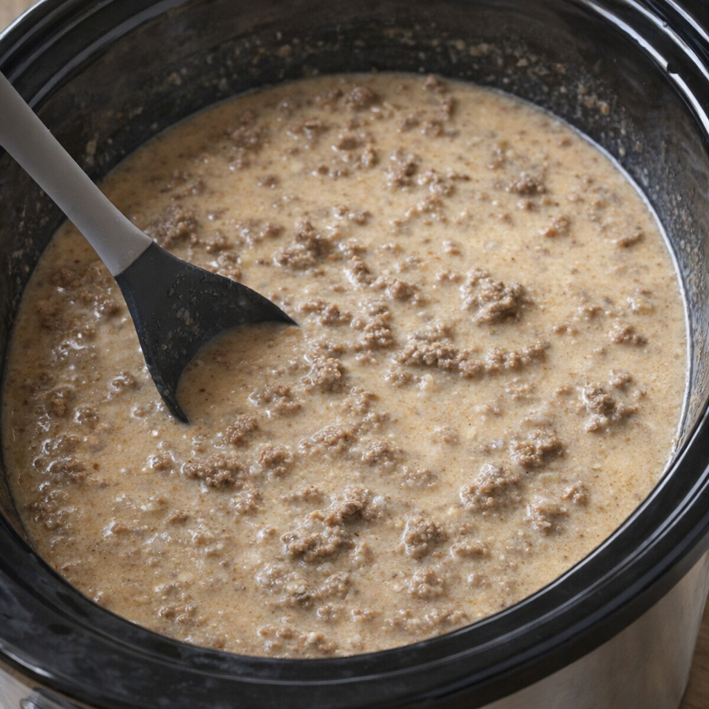 Slow cooker beef mixture before noodles are added