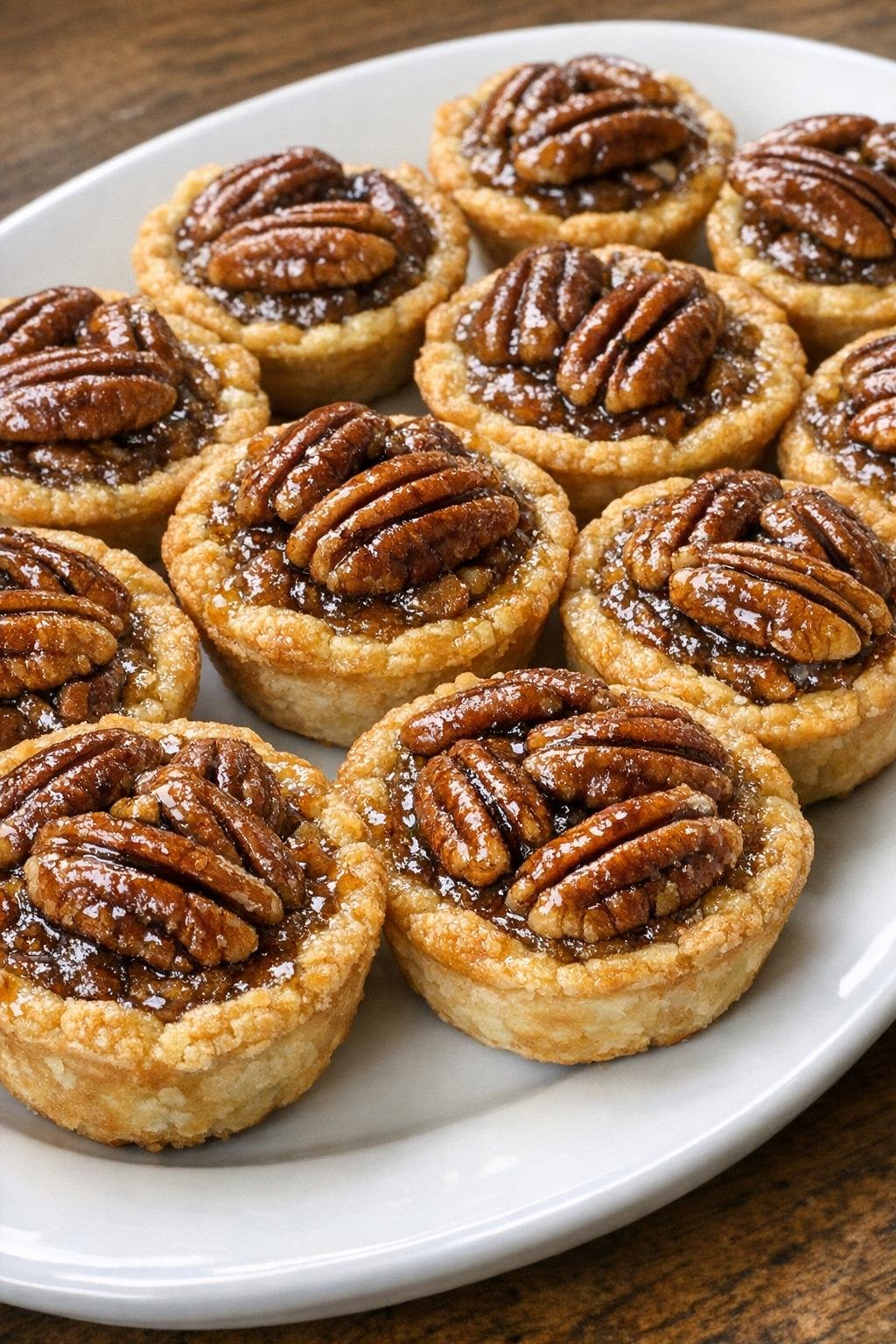 Mini tart-shaped pecan bites on a white serving platter