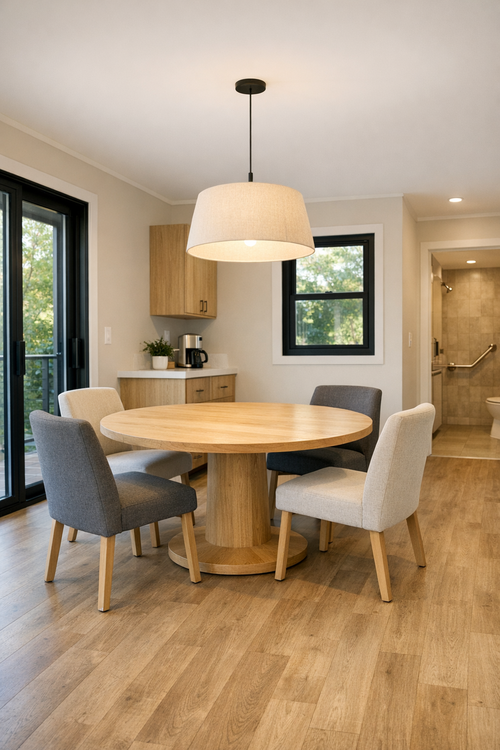 Light oak dining area with accessible spacing and soft neutral finishes