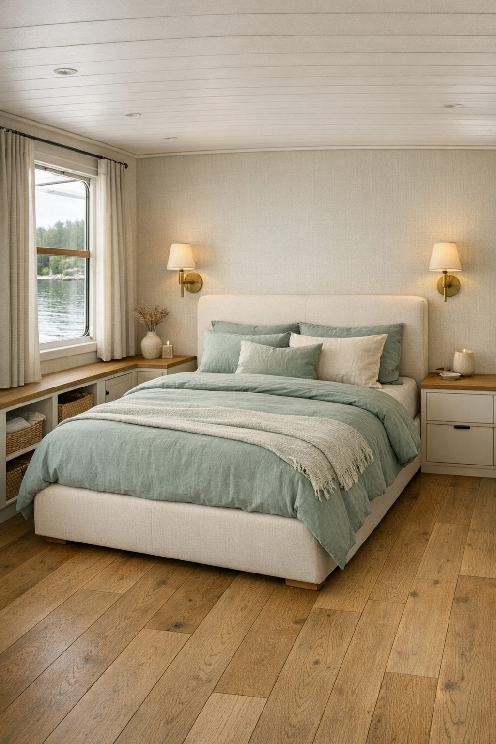 Calm country houseboat bedroom with upholstered bed and soft sage textiles