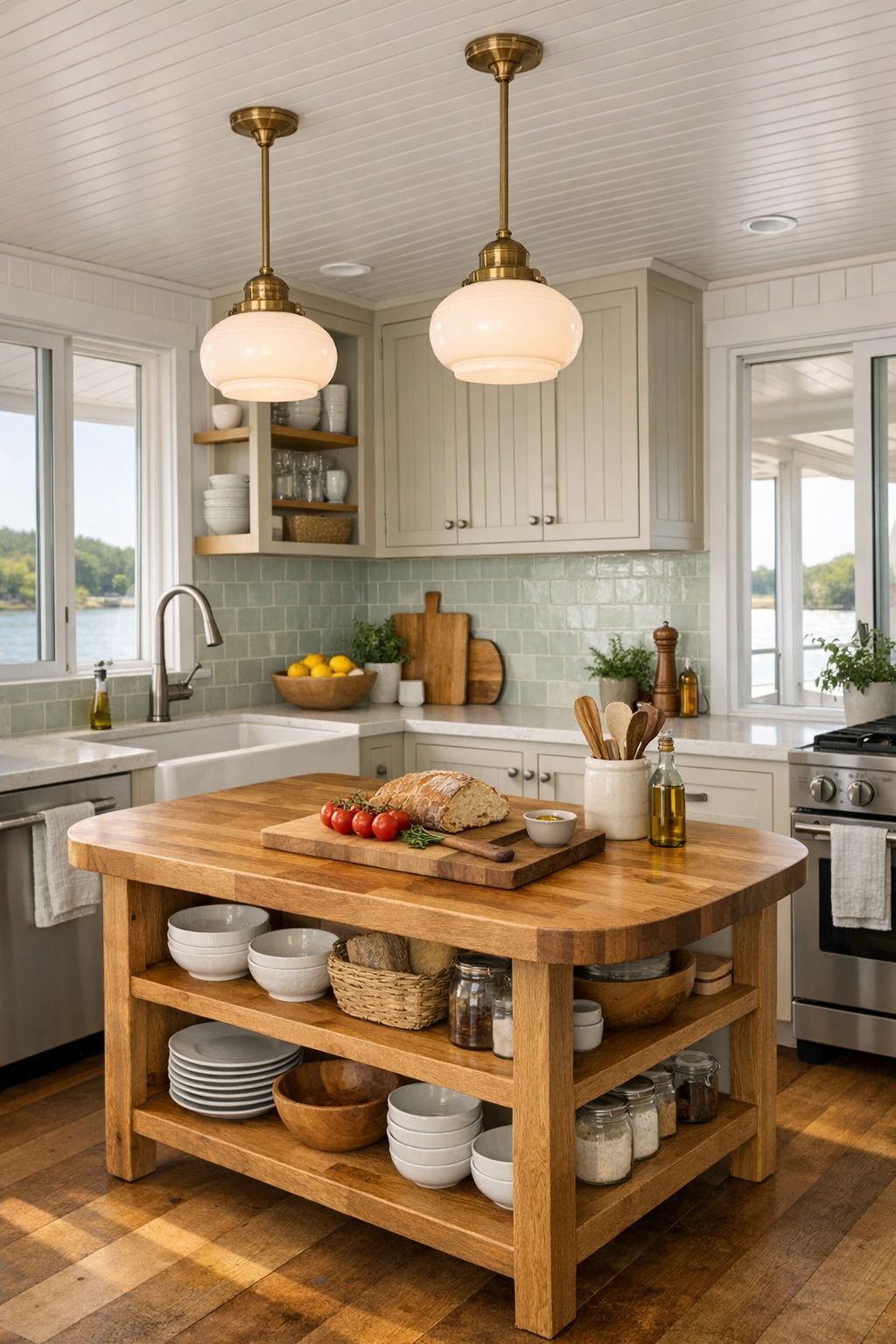 Kitchen with creamy mushroom cabinets, celadon tile, and a butcher-block worktable island