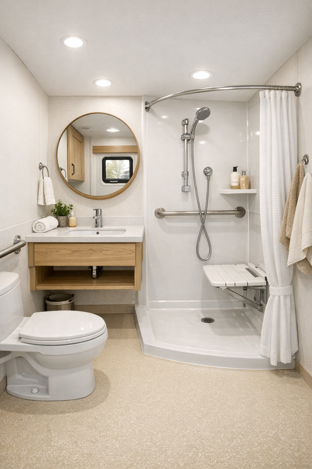 Accessible RV camper bathroom with warm white finishes and pale oak details