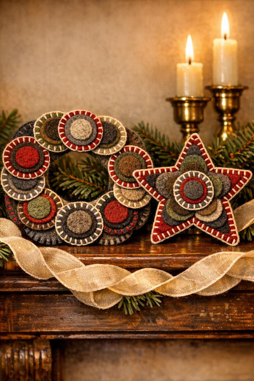 Finished felt penny-rug ornaments displayed on a holiday mantel