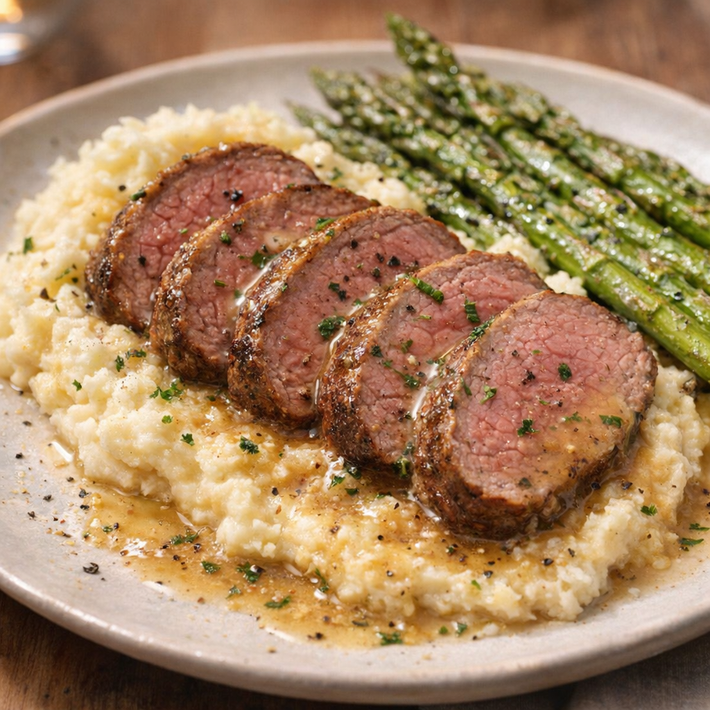 Beef tenderloin plated with mashed potatoes and asparagus
