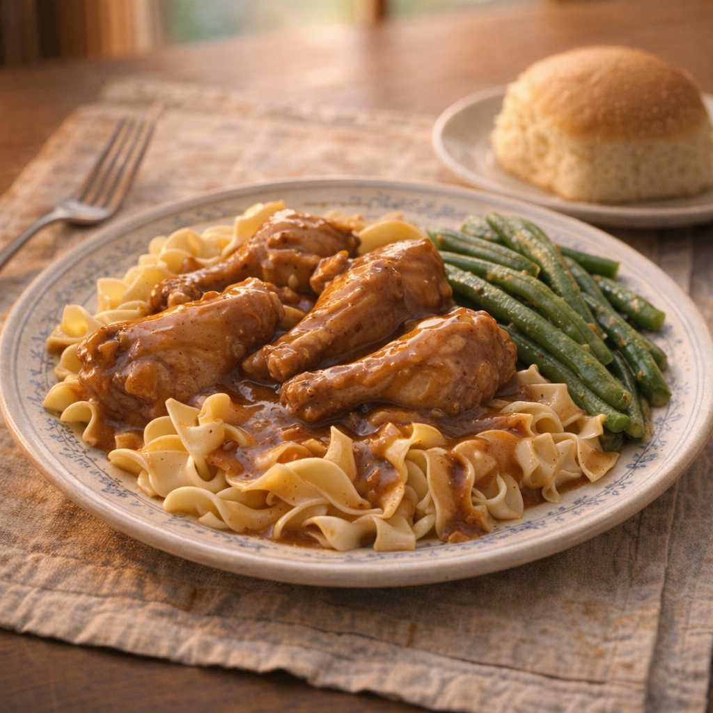 Weeknight supper setting with gravy chicken, noodles, green beans, and a dinner roll