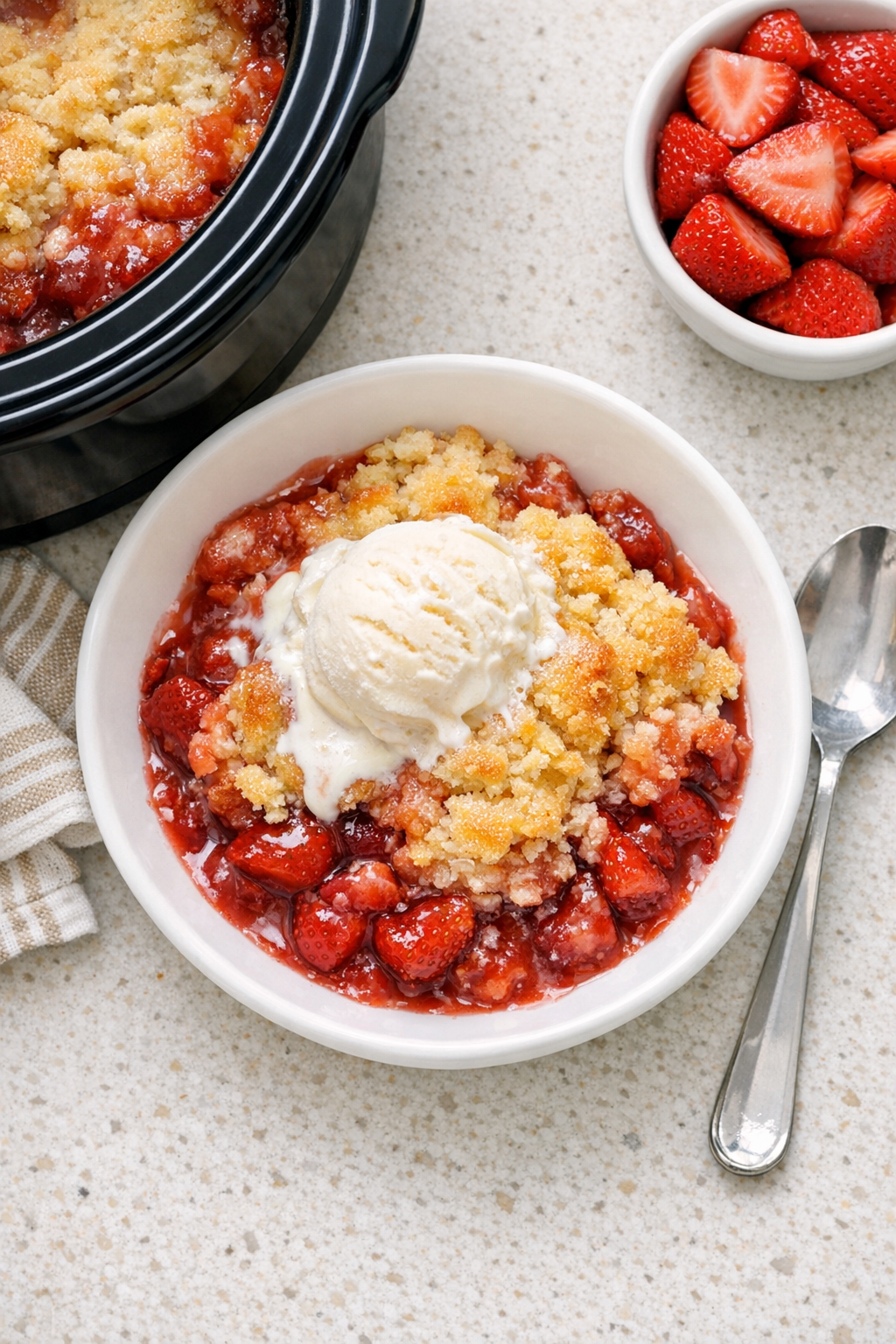 Finished slow cooker strawberry dessert in a serving bowl