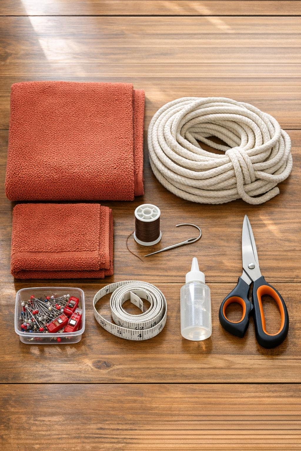 Materials for making a knotted towel rope basket laid out on a table