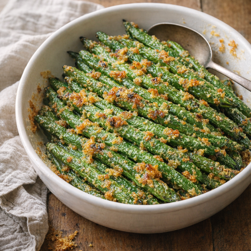 Bowl of crispy green beans fresh from the oven
