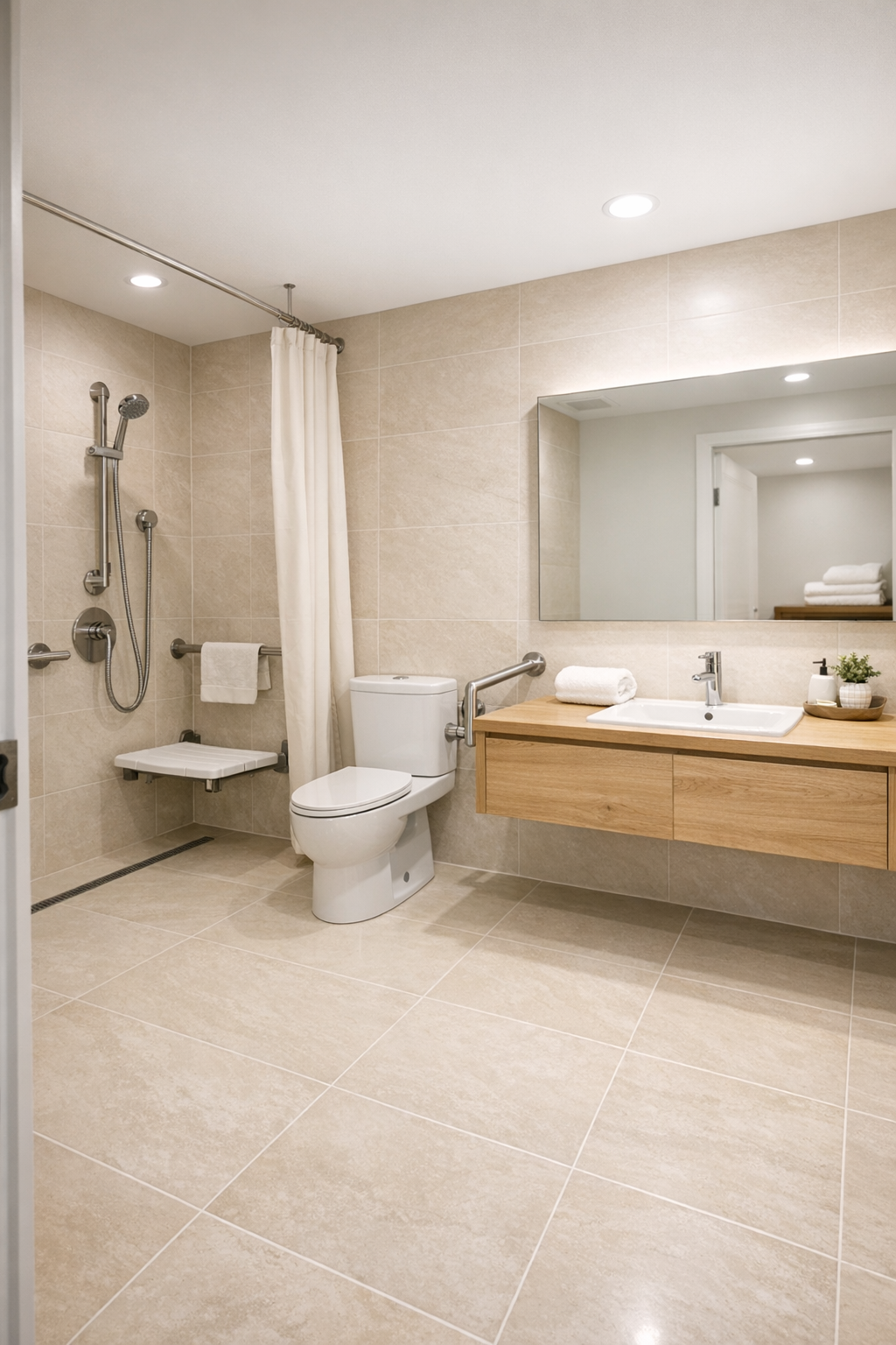 Accessible tiny home bathroom with curbless shower and warm ivory tile