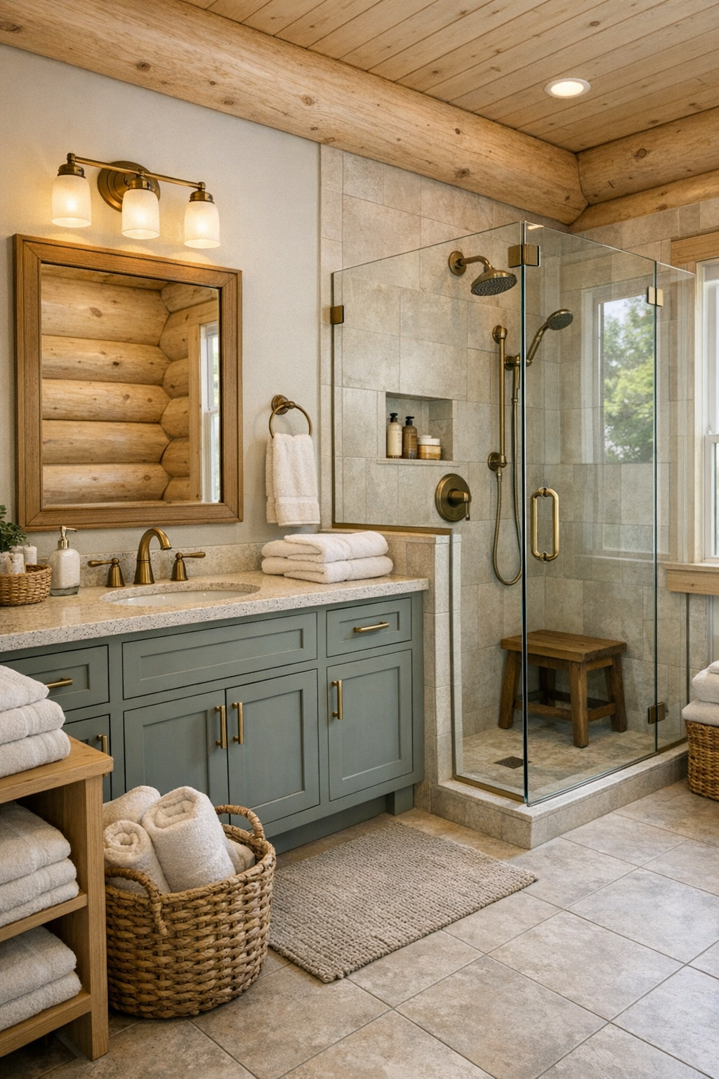 Rustic bathroom with painted vanity, stone surfaces, and warm log details