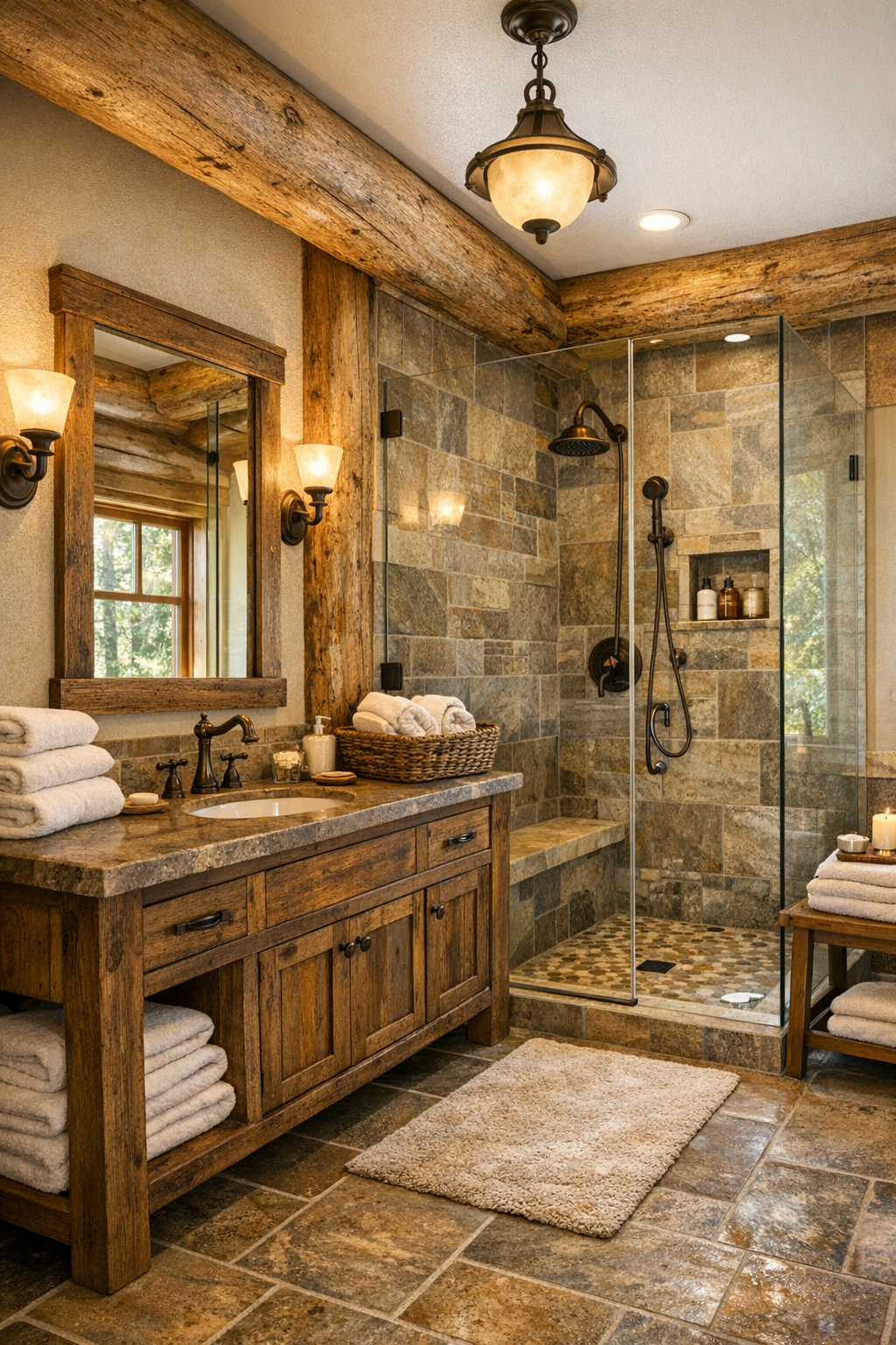 Serene rustic bathroom with stone finishes, wood vanity, and a glass shower