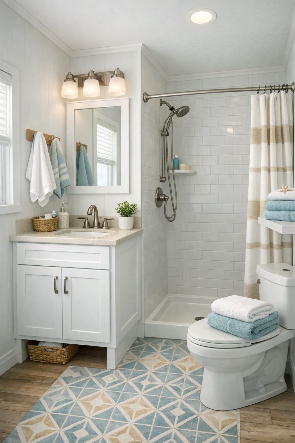 Bright coastal bathroom with white vanity and tiled shower