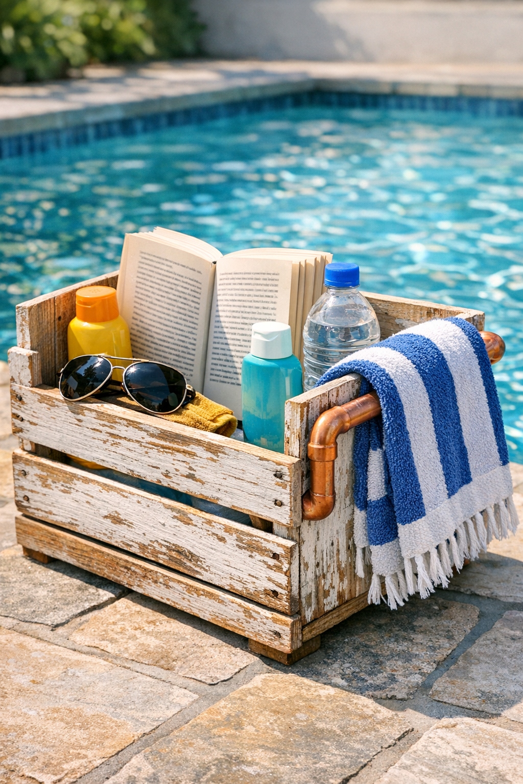 Finished rustic wooden crate book holder with copper towel bar by a pool