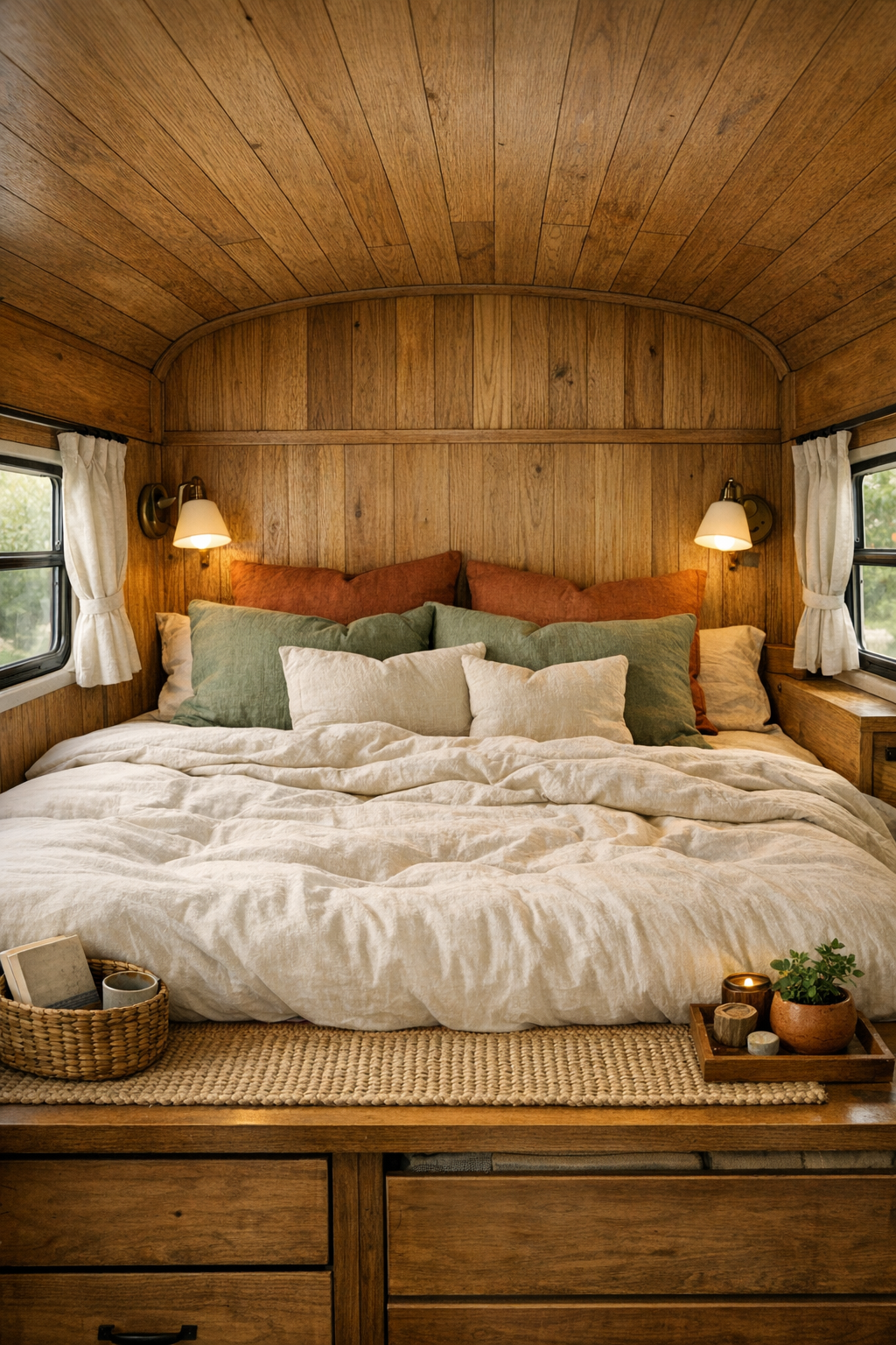 Cozy converted bus bedroom with built-in bed and warm wood walls