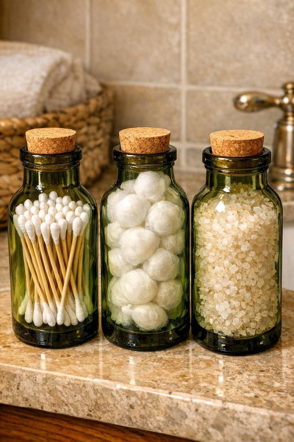 Finished vintage bathroom storage set made from three cut olive oil bottles with corks