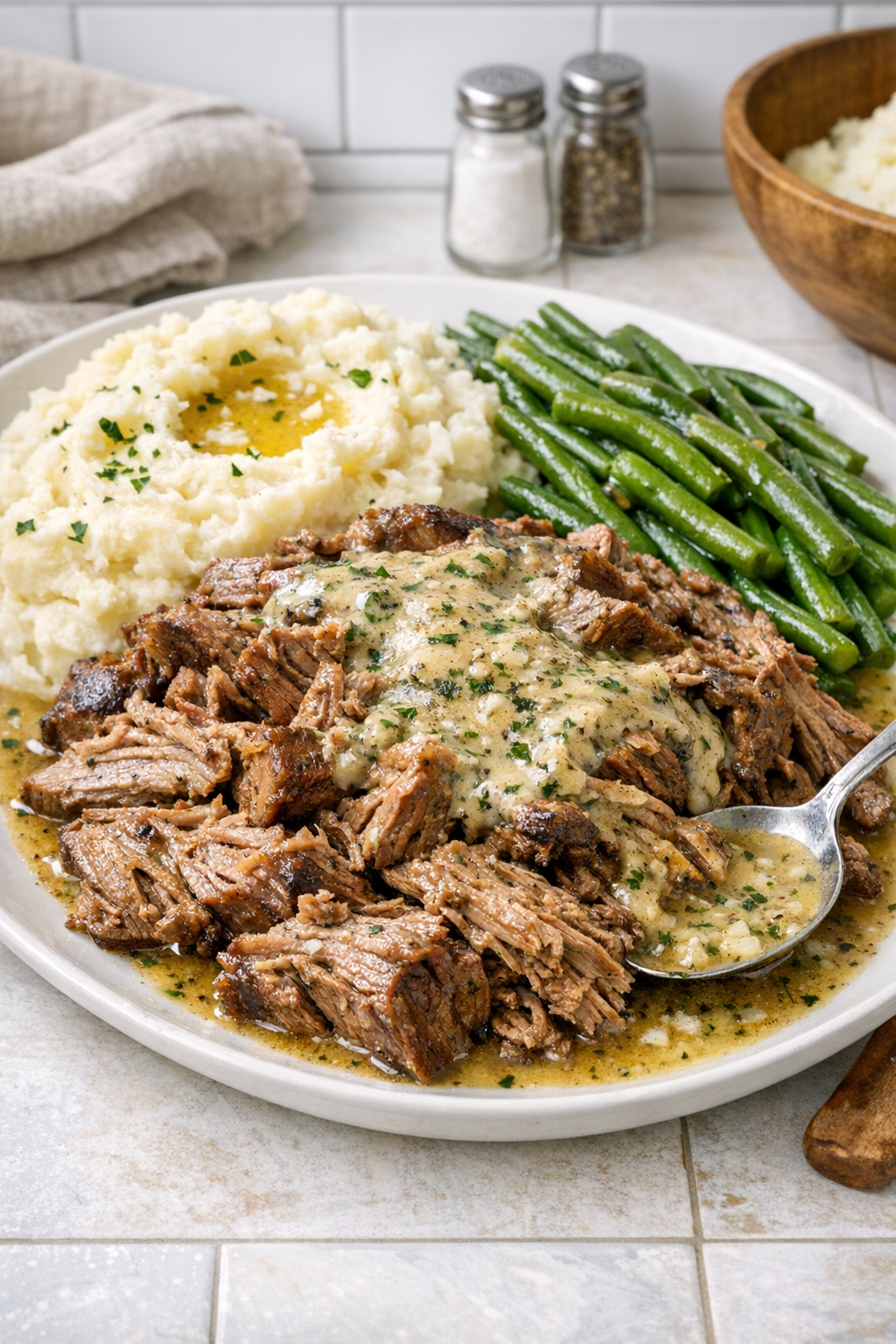 Finished Amish ranch beef served on a platter with juices