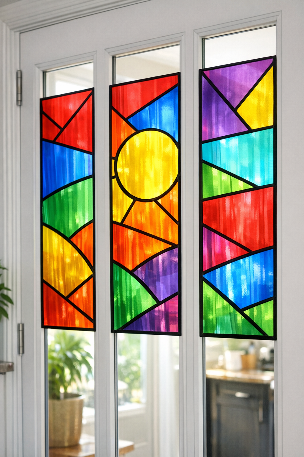Finished faux stained glass door panels made from plastic binder dividers