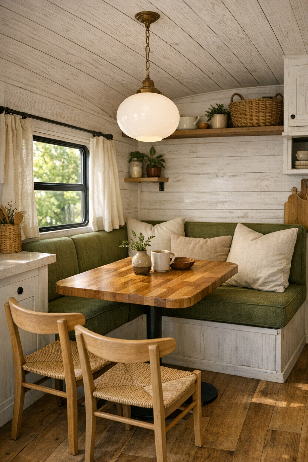 Cozy bus dining nook with built-in banquette and butcher block table