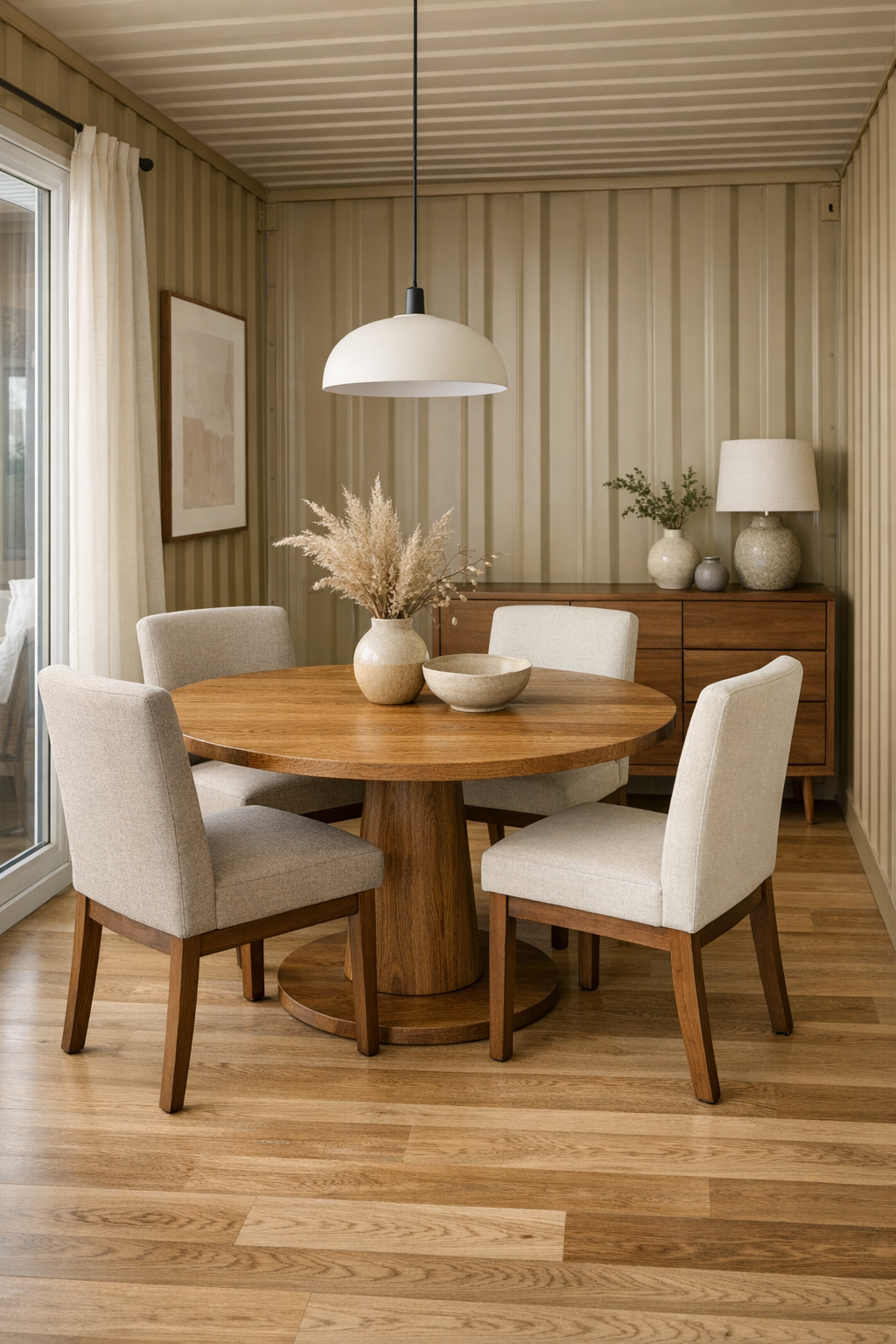 Accessible dining room with round oak table, upholstered chairs, and a simple pendant light