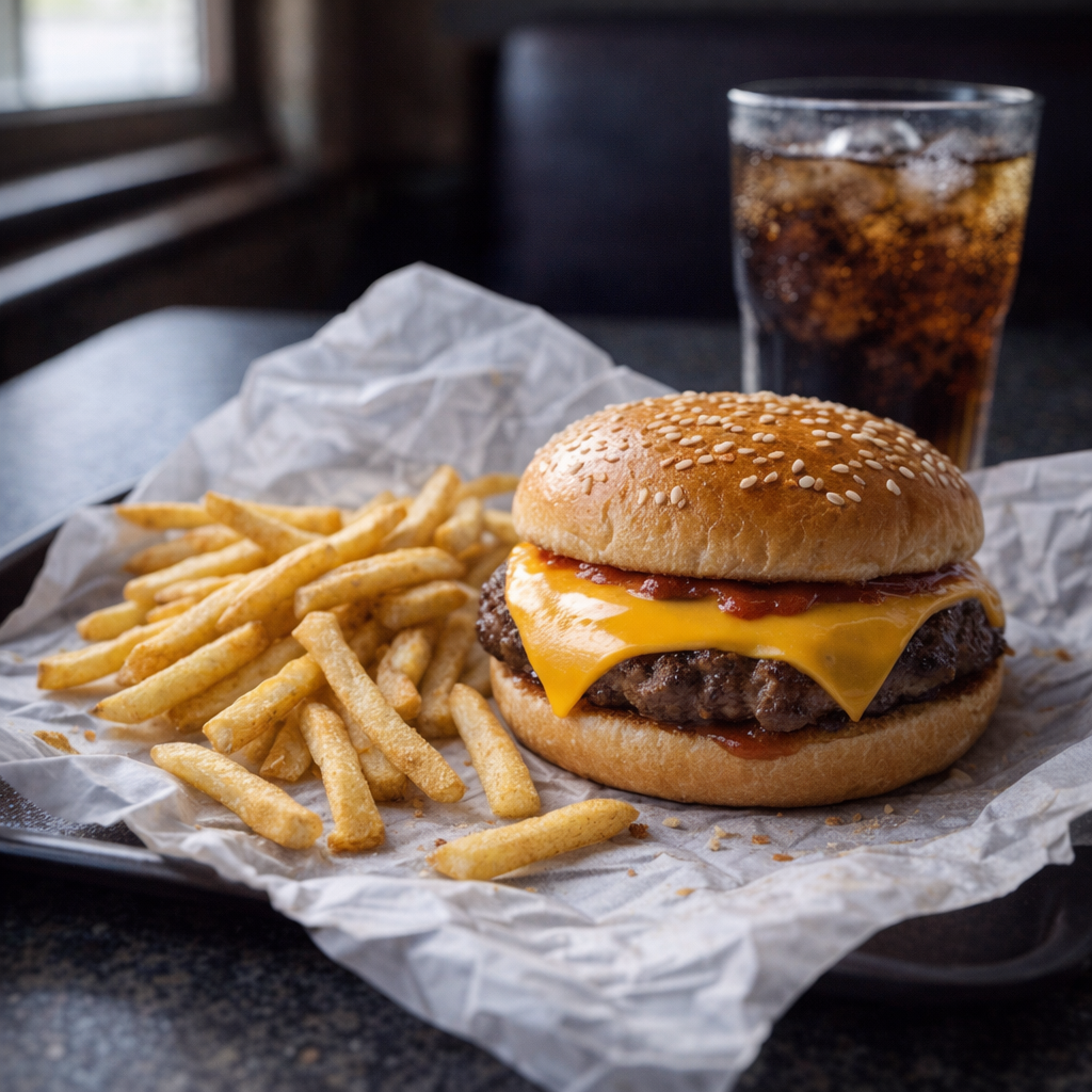 Burger and fries on a casual restaurant table