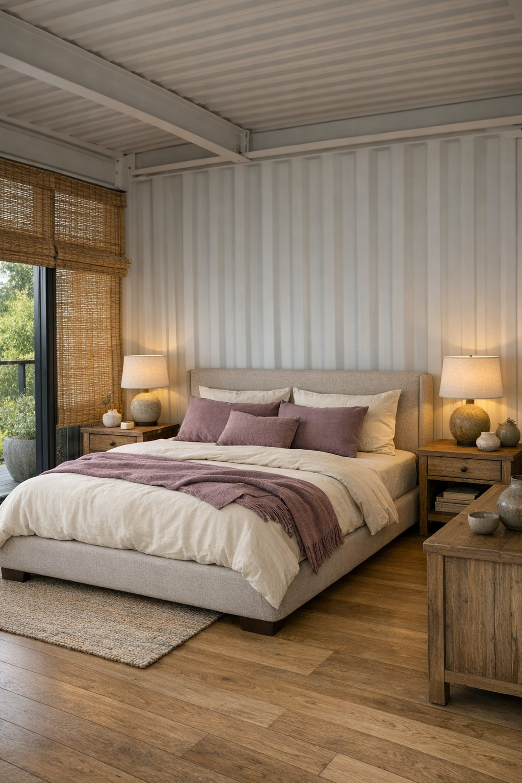 Calm bedroom with dusty mauve accents, soft bedding, and a low upholstered bed