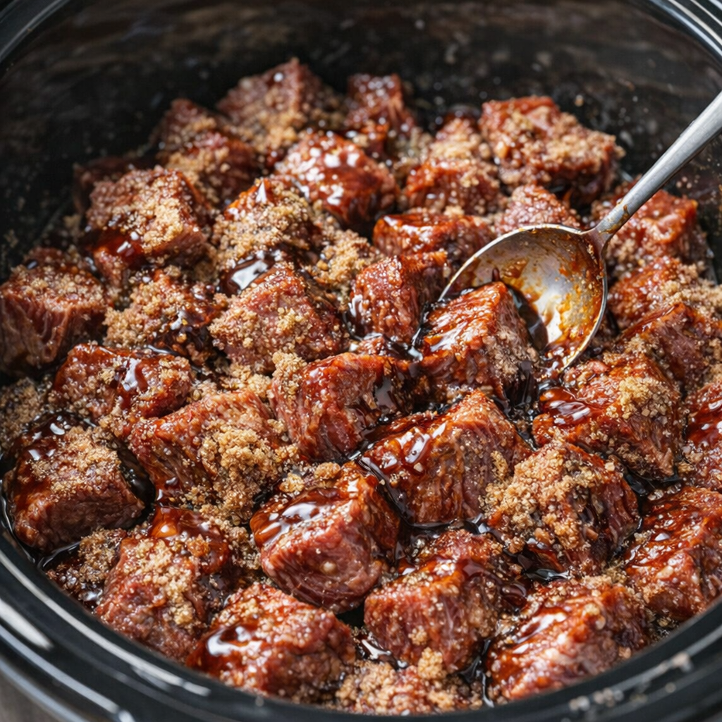 Beef cubes coated with brown sugar and sauce in slow cooker