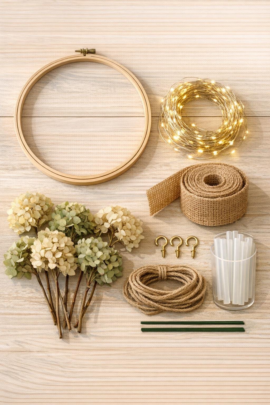 Materials for a rustic fall chandelier laid out on a table
