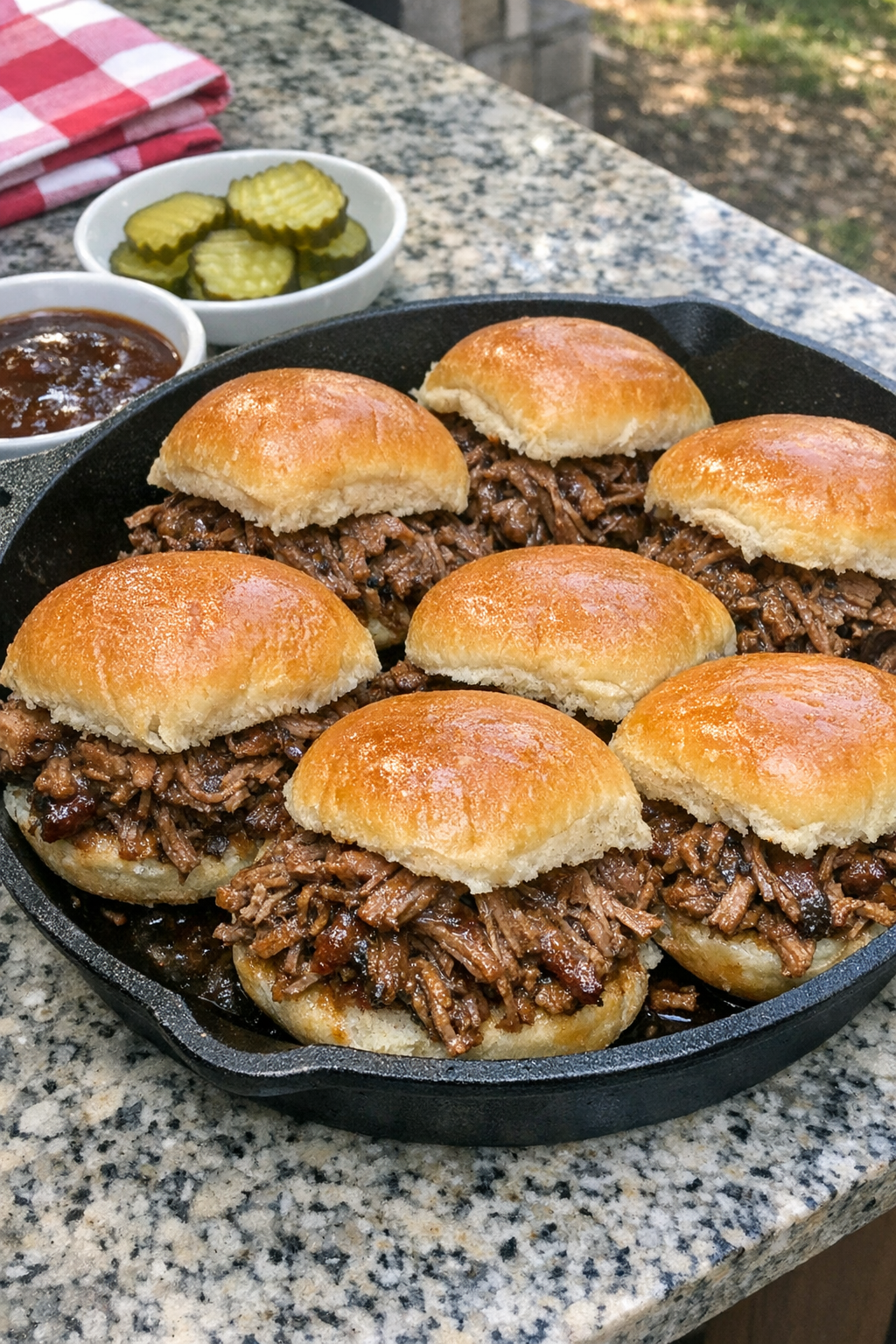 Finished shredded beef brisket sliders plated for serving