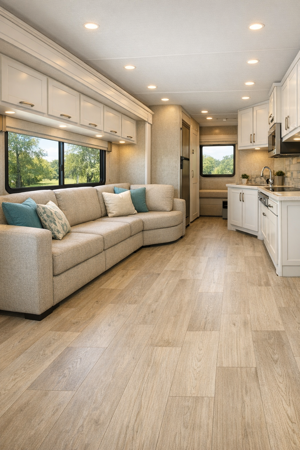Bright accessible RV living room with oatmeal sofa and pale wood finishes