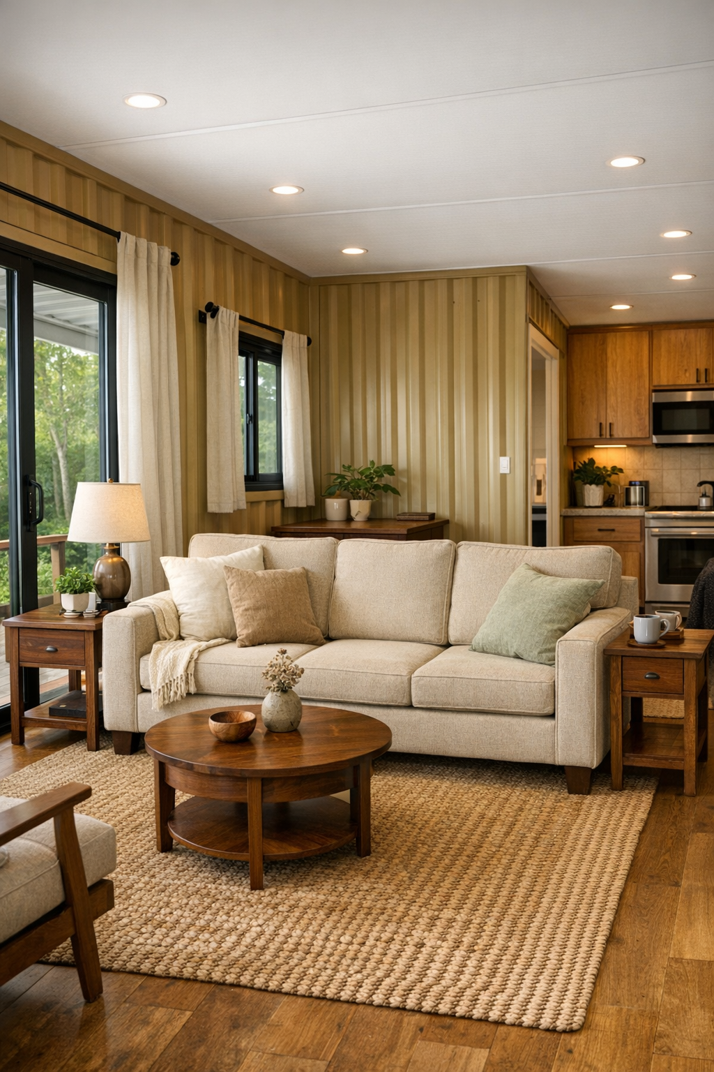 Warm khaki container home living room with wide circulation, beige sofa, walnut accents, and soft natural light