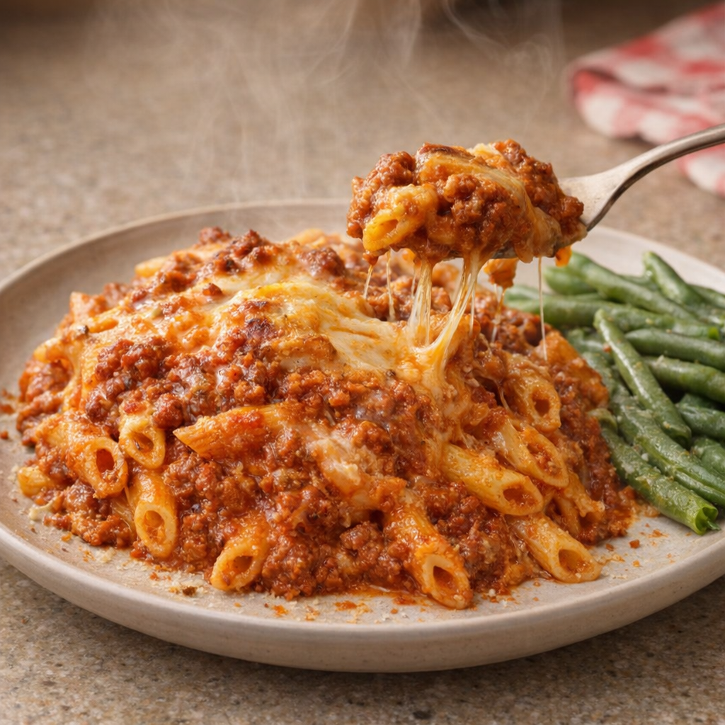 Served sloppy joe casserole on a dinner plate