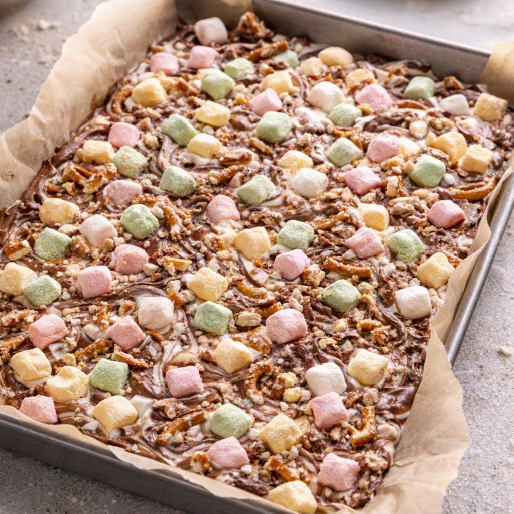 Warm bark mixture spread in a parchment-lined pan