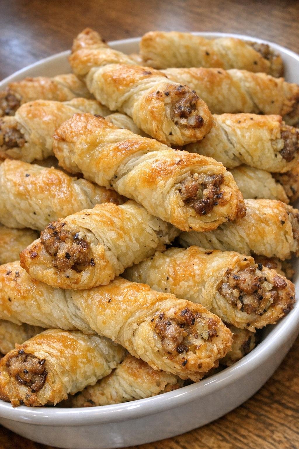 Golden flaky pastry twists stuffed with savory filling in a serving dish