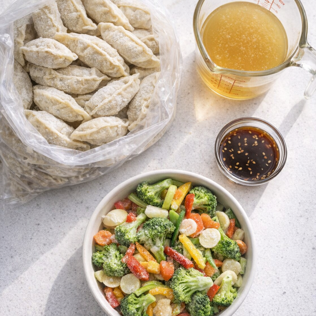 Potsticker ingredients arranged on a kitchen counter