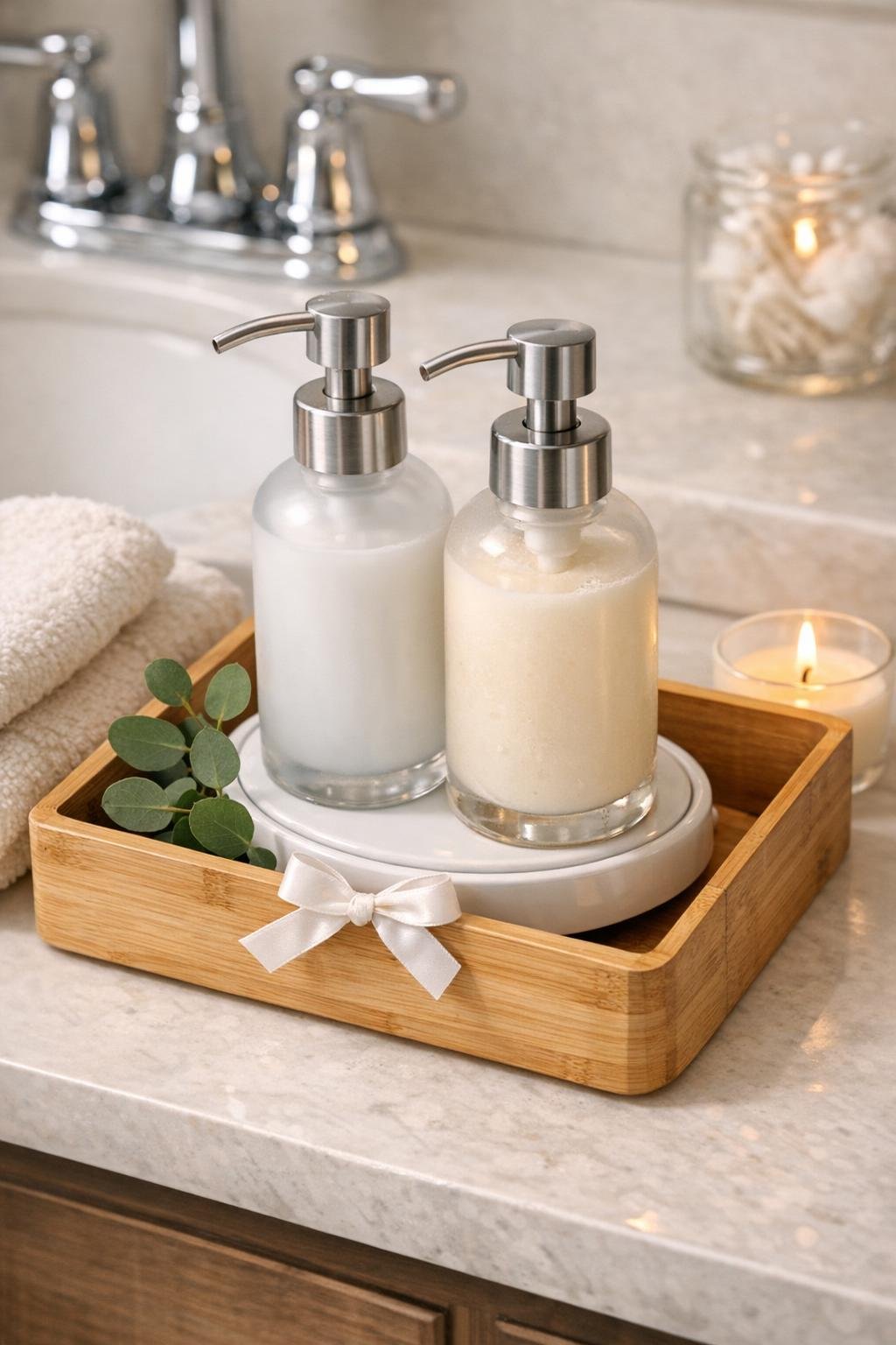 Finished bathroom lotion warmer styled on a vanity