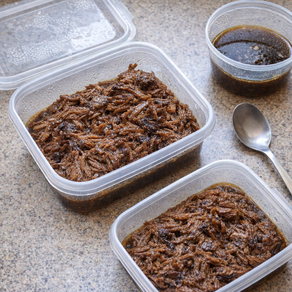 Leftover shredded beef stored for meal prep