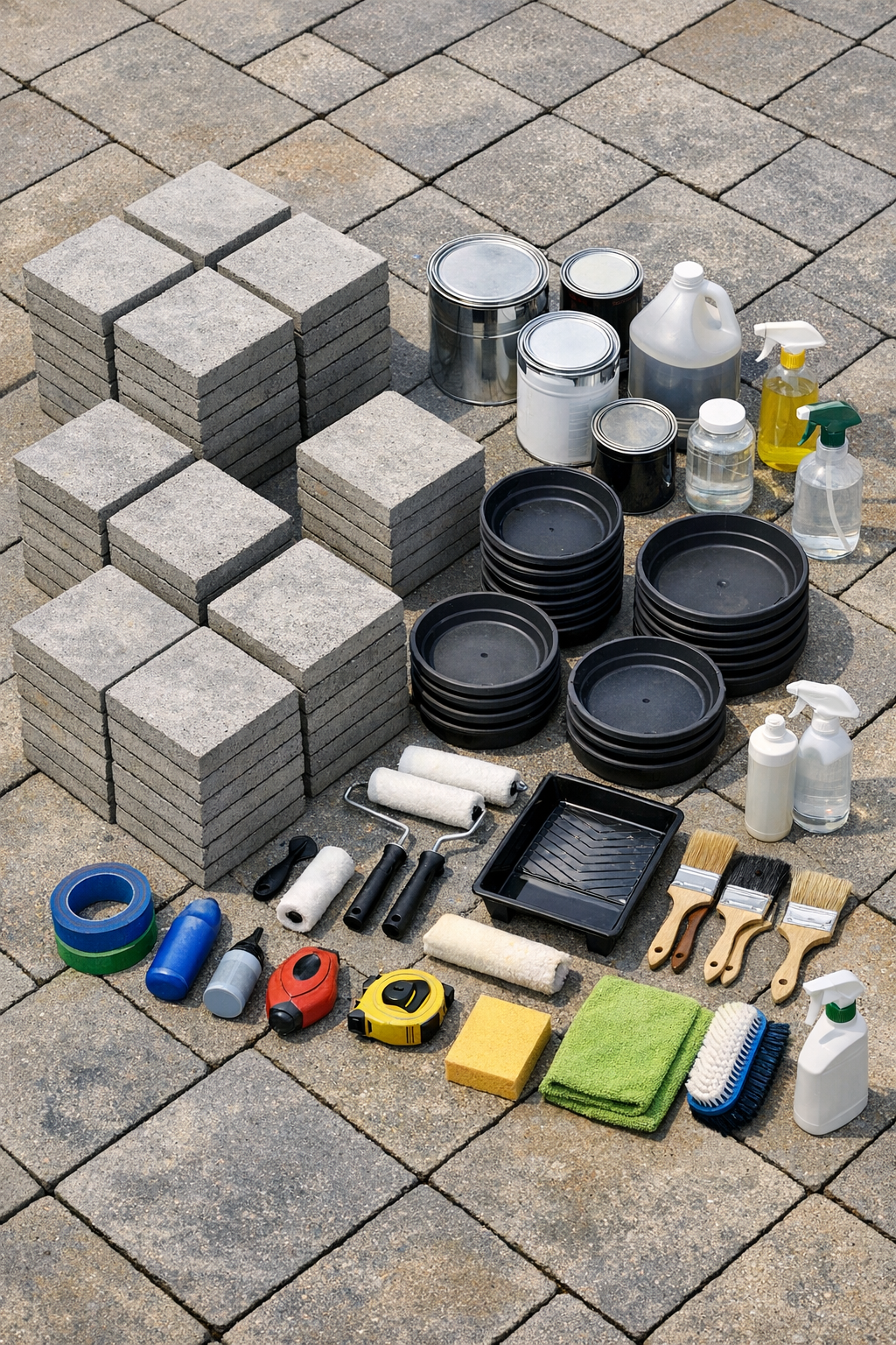 Concrete pavers, paint, primer, sealer, and plastic plant saucers laid out for the project