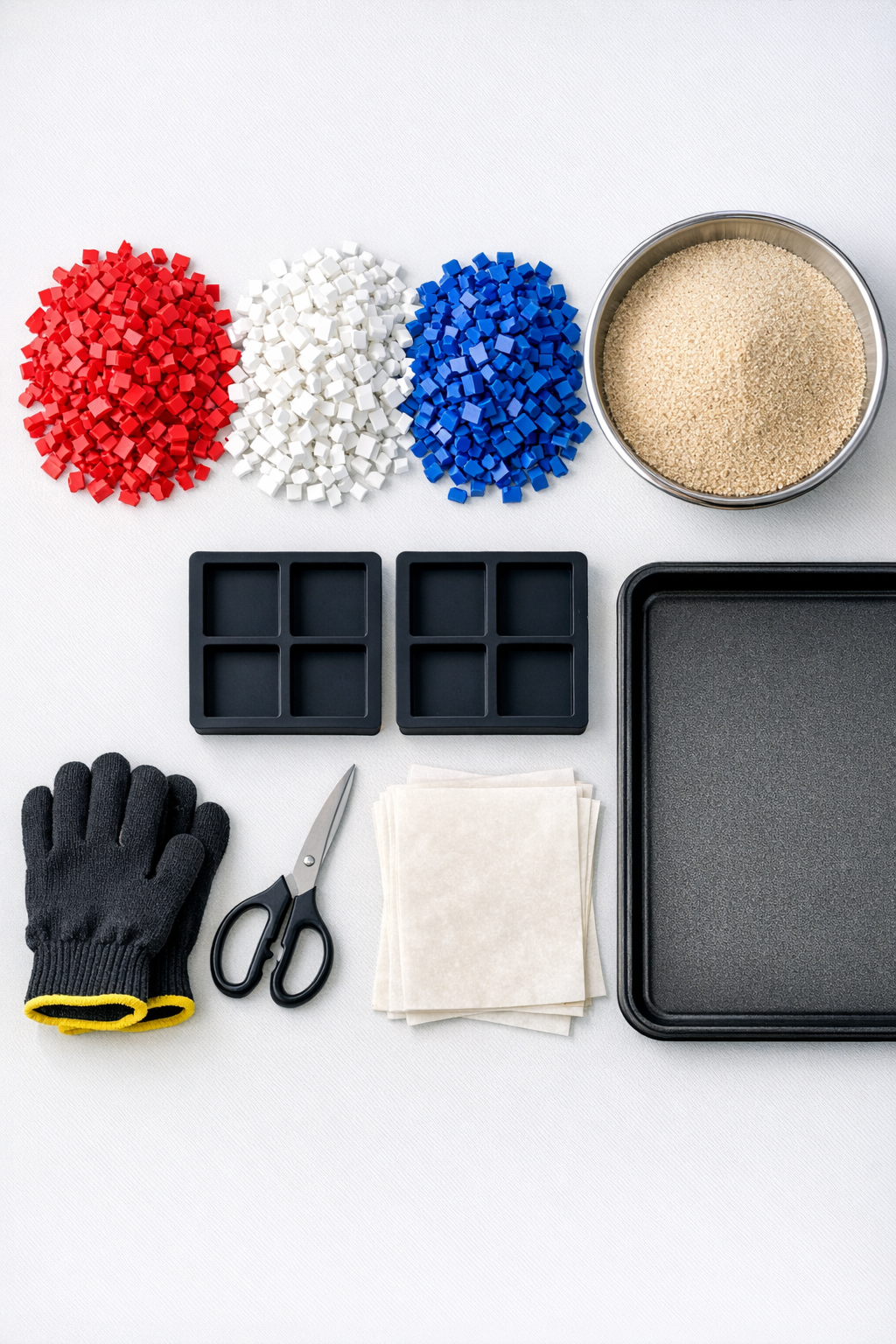 Chopped red, white, and blue pill bottles with sand and basic tools laid out neatly