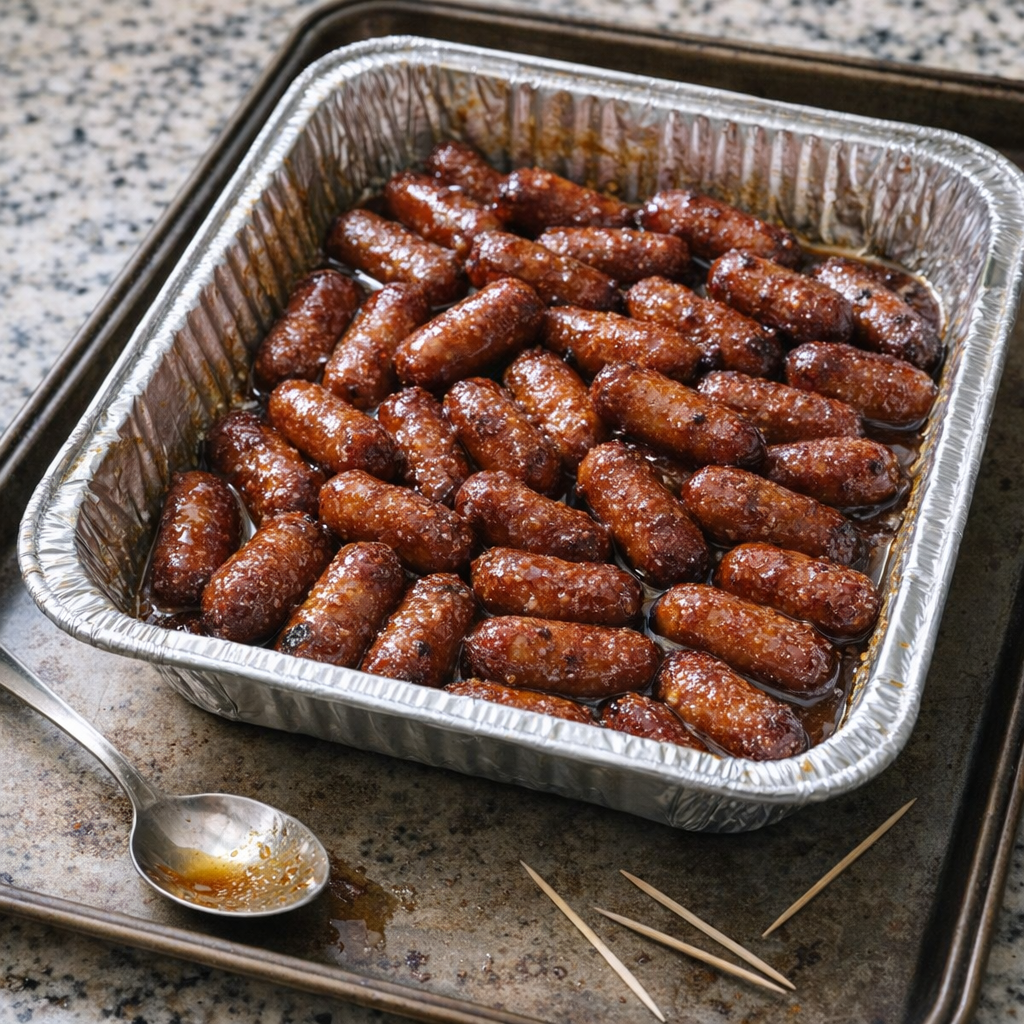 Baked lil smokies in a disposable aluminum pan