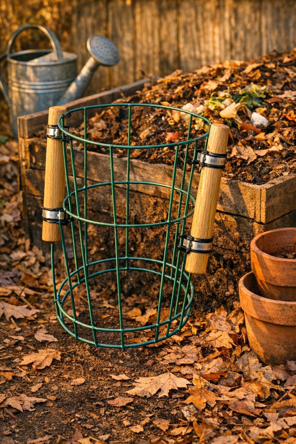 Finished compost turning tool made from a tomato cage displayed beside a backyard compost pile