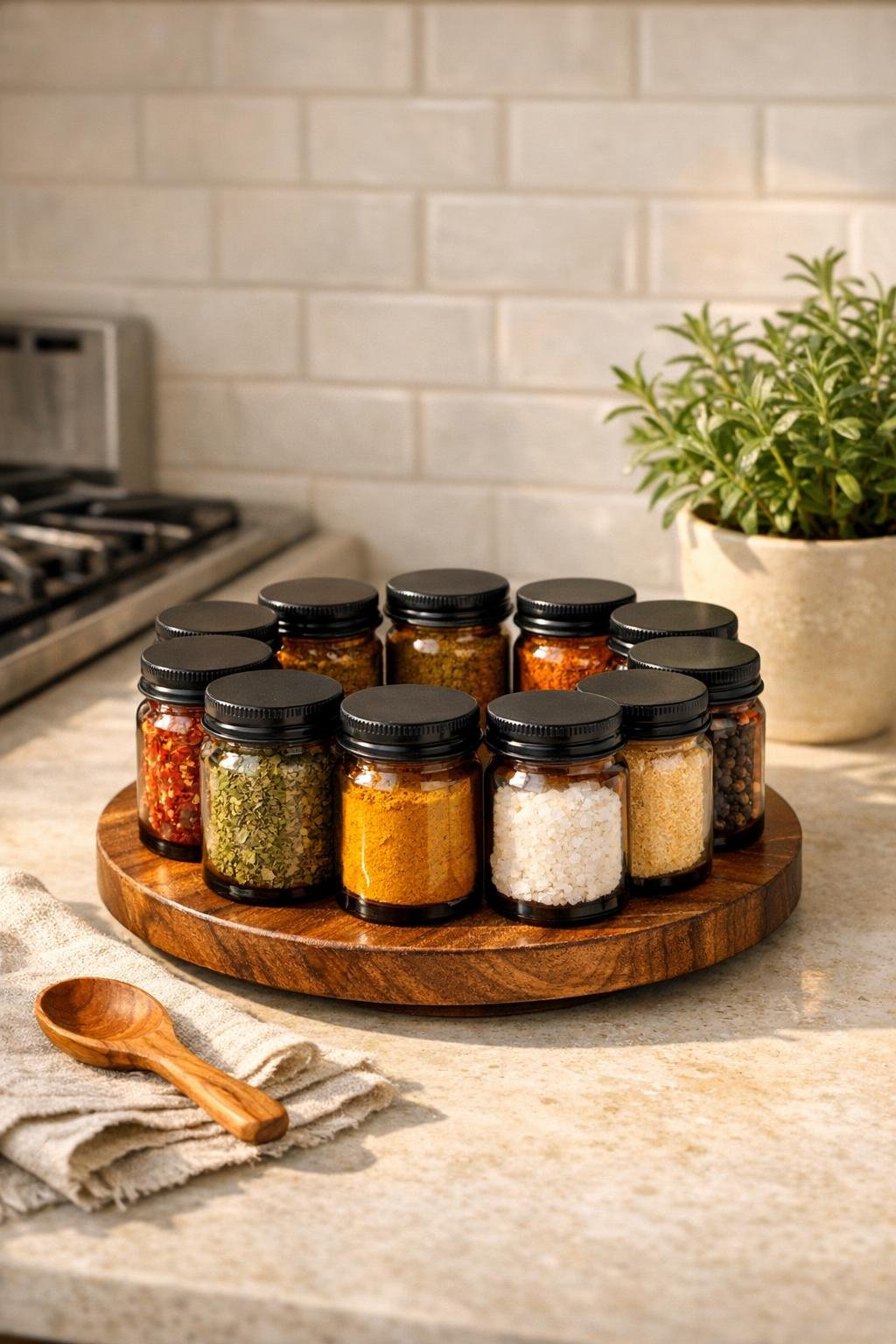 Finished DIY kitchen spice carousel styled on a countertop