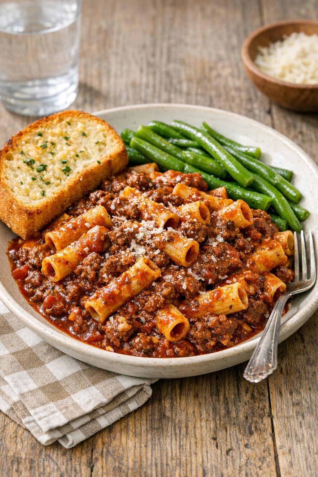 Plated pasta with rich meat sauce and bread